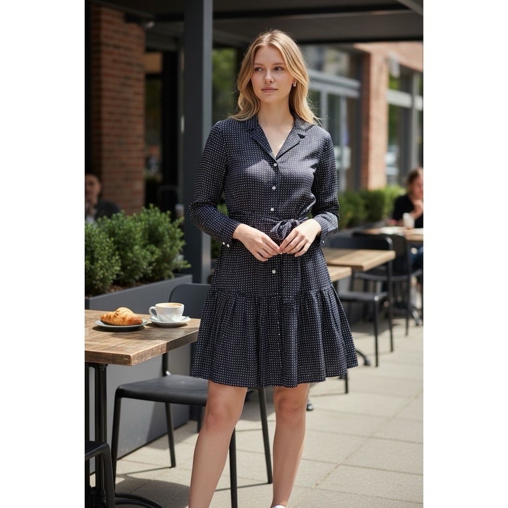 Free Assembly Navy Blue Polka Dot Pleated Mini Shirtdress Size XXL